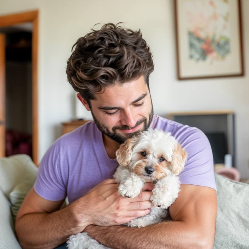Juan Carlos con su perrita en brazos