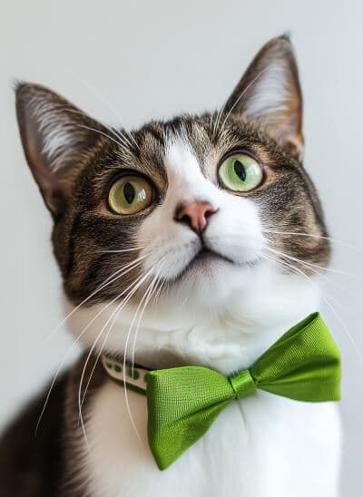 Gato con corbatín verde