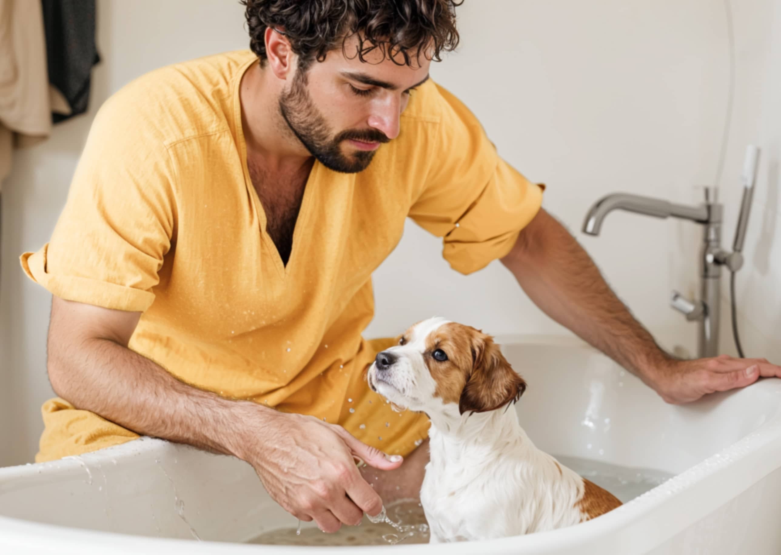 Hombre bañando a su perro en el lavamanos