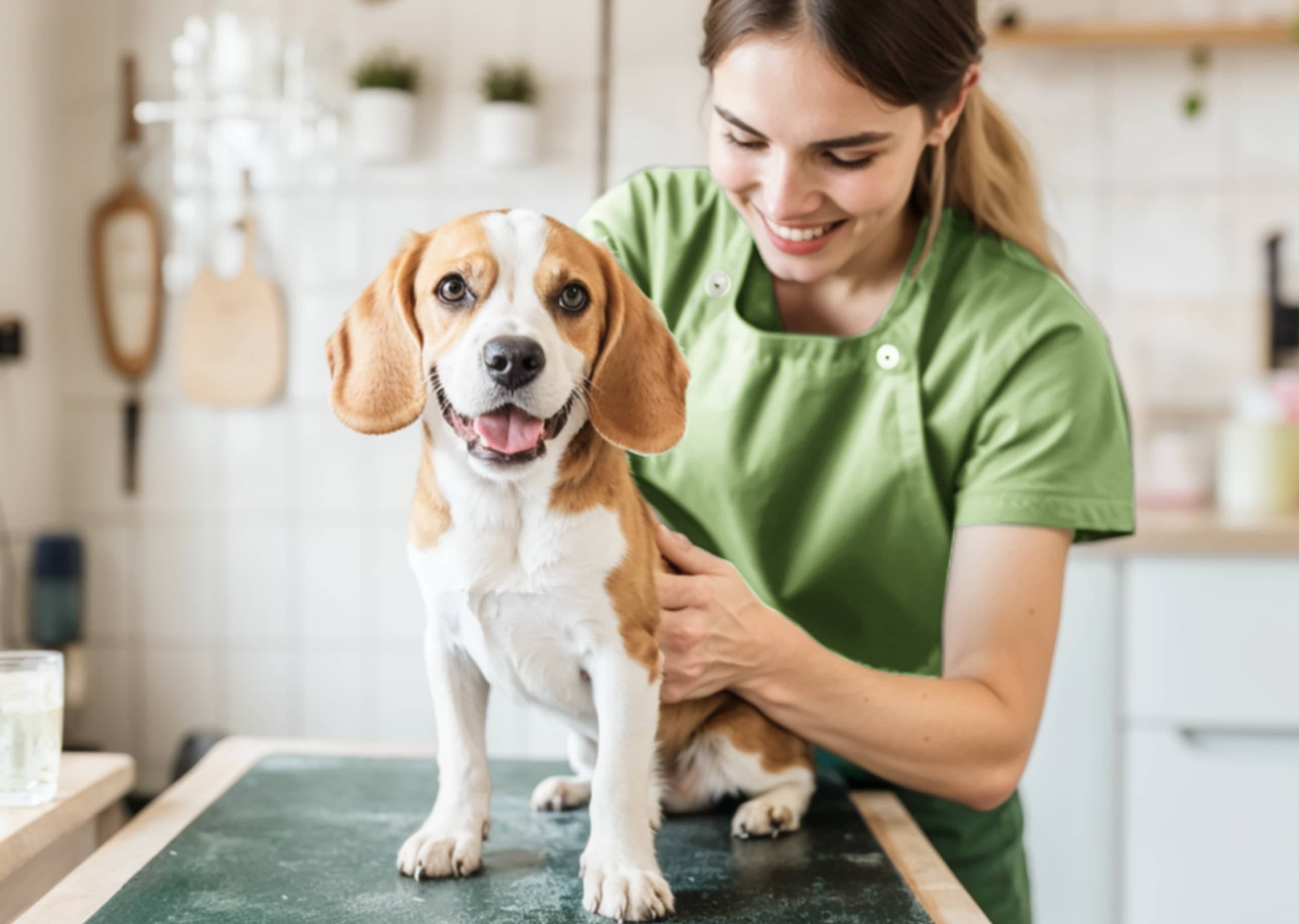 Groomer sonriendo junto a un beagle