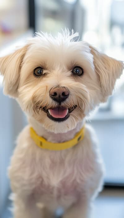 Perro maltés con collar amarillo